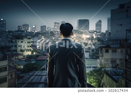 Man in suit in melancholic city at night. Abstract career challenge in city jungle concept. Generative AI 102617434