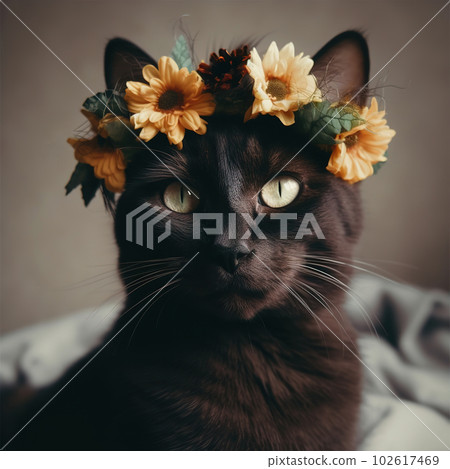 Black cat with flower wreath on head. Realistic lifestyle portrait. Generative AI Black cat with flower wreath on head. Realistic lifestyle portrait. Generative AI 102617469