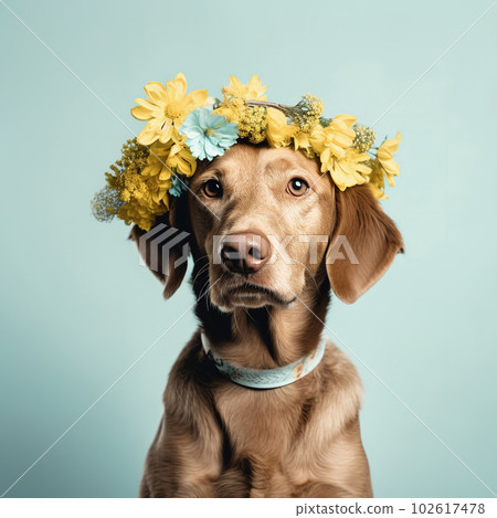 Dog with flower wreath on head. Realistic lifestyle portrait. Generative AI Dog with flower wreath on head. Realistic lifestyle portrait. Generative AI 102617478