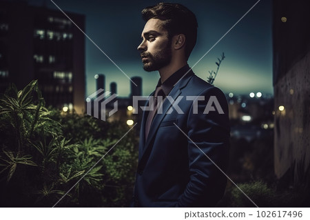 Stressed man in suit in melancholic city at night. Abstract career challenge in city jungle concept. Generative AI Stressed man in suit in melancholic city at night. Abstract career challenge in city jungle concept. Generative AI 102617496