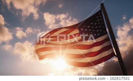 American USA flag flying in sky, sunshine background Generative AI American USA flag flying in sky, sunshine background Generative AI 102617501