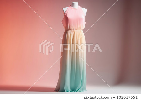 Summer silk satin maxi dress on dummy, vibrant colors, plain gradient background, copy space. Generative AI Summer silk satin maxi dress on dummy, vibrant colors, plain gradient background, copy space. Generative AI 102617551
