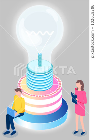 People work with information and data. Idea symbol in form of lightbulb. Colleagues communicate People work with information and data. Idea symbol in form of lightbulb. Colleagues communicate 102618286