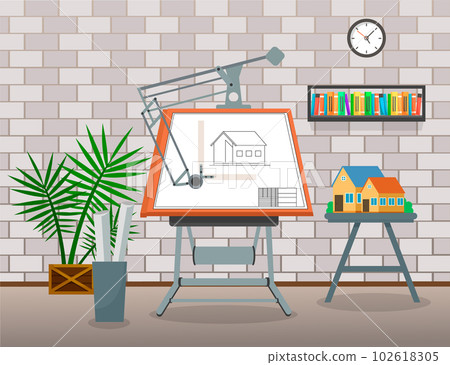 Draftsman studio, workplace or workspace of desinger or architect, board with house plan, project Draftsman studio, workplace or workspace of desinger or architect, board with house plan, project 102618305