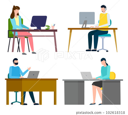 People, women and men sitting at table and using laptops or computer, set of flat illustrations People, women and men sitting at table and using laptops or computer, set of flat illustrations 102618318