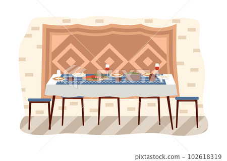 The dining room in Georgian style interior design. Table with khinkali and adjarian khachapuri 102618319