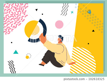 Young man holding and organizing abstract circular geometric shape virtual vector illustration Young man holding and organizing abstract circular geometric shape virtual vector illustration 102618325