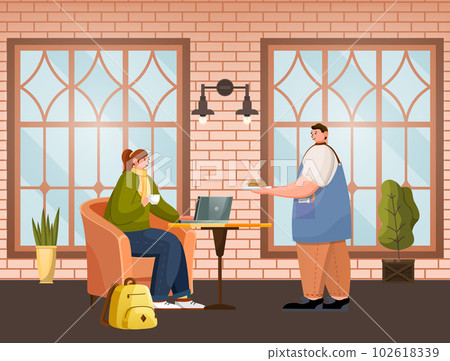 Student girl sitting in cafe and working with laptop, waiter bring burger to guest, girl studying Student girl sitting in cafe and working with laptop, waiter bring burger to guest, girl studying 102618339