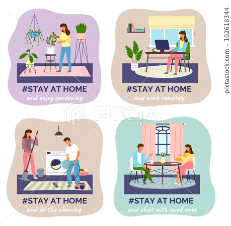 Self isolation, stay at home concept, people sitting at their apartment and doing household chores Self isolation, stay at home concept, people sitting at their apartment and doing household chores 102618344