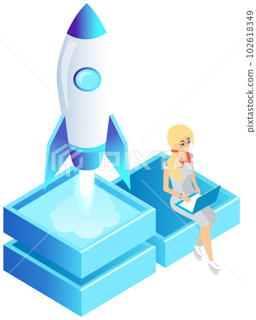 Startup business project, woman is using laptop to control rocket in space, business mission 102618349