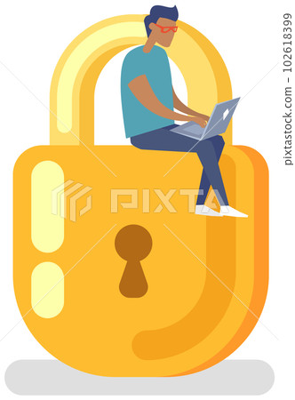 Protection of personal information of users. Padlock icon with man sitting on top, security defense Protection of personal information of users. Padlock icon with man sitting on top, security defense 102618399