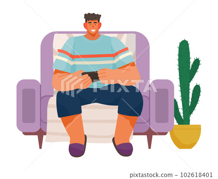 Hobby at home concept. Guy playing a video game on the console. Man isolated on white background Hobby at home concept. Guy playing a video game on the console. Man isolated on white background 102618401