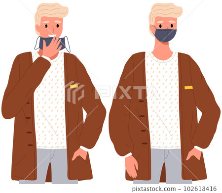 Male character is using a medical mask. Coronavirus, quarantine, self-isolation, pandemic, virus Male character is using a medical mask. Coronavirus, quarantine, self-isolation, pandemic, virus 102618416