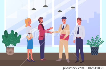 Businessmen communicating at a meeting, shake hands with each other, agreed on business cooperation Businessmen communicating at a meeting, shake hands with each other, agreed on business cooperation 102619039