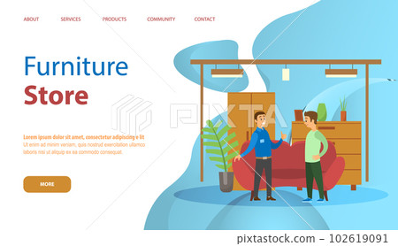 Furniture store landing page template with smiling shoppers in furniture shop, shopping for house Furniture store landing page template with smiling shoppers in furniture shop, shopping for house 102619091