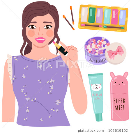 Beautiful young girl makes look and does makeup looks after beauty and paints lips isolated on white Beautiful young girl makes look and does makeup looks after beauty and paints lips isolated on white 102619102