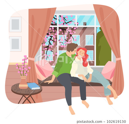 Couple sitting on windowsill at home in the room interior near big window with spring cityscape Couple sitting on windowsill at home in the room interior near big window with spring cityscape 102619130