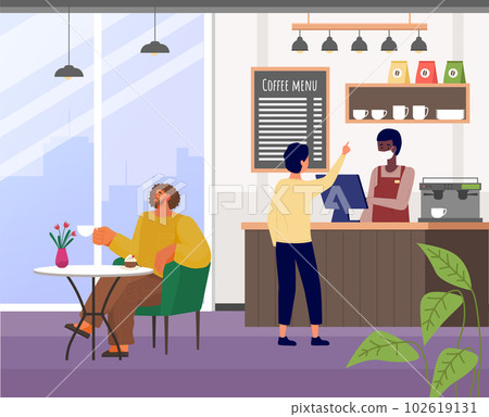 Man choose cakes and buy coffee at bakery shop or cafe. Male barista seller in face mask in bakery Man choose cakes and buy coffee at bakery shop or cafe. Male barista seller in face mask in bakery 102619131