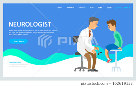 Neurologist examining boy for diagnosis in hospital room landing page template, clinic for children 102619132
