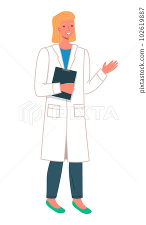 Woman doctor holding a clip board isolated on white. Female character wearing medical coat Woman doctor holding a clip board isolated on white. Female character wearing medical coat 102619887