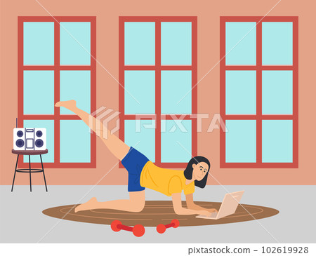 Young woman doing sport at home and correspondence surfing the Internet. Doing yoga, typing laptop 102619928