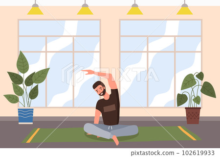 A man doing yoga exercise. Young bearded fit guy sitting on the floor in lotus position in room 102619933