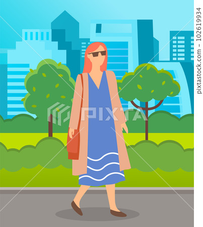 Happy woman is walking in park sunny day. Female character in sunglasses wearing dress outdoors 102619934