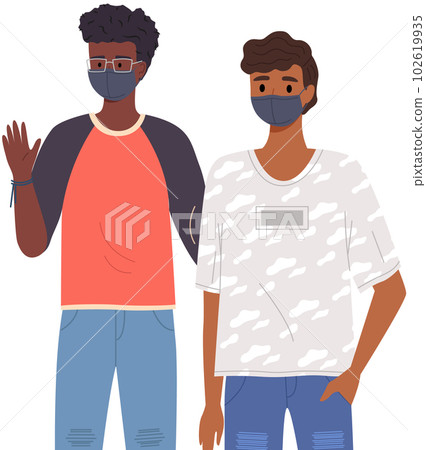 Indian male characters are wearing medical masks. Young guys on self-isolation during pandemic Indian male characters are wearing medical masks. Young guys on self-isolation during pandemic 102619935