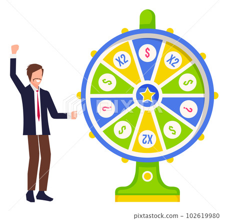 Game fortune wheel concept. Man playing risk game with fortune wheel and lottery, gambling template Game fortune wheel concept. Man playing risk game with fortune wheel and lottery, gambling template 102619980