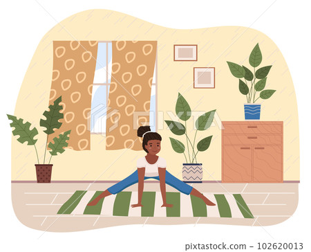 Young dark skinned girl doing stretching warm up exercise. Development flexibility healthy lifestyle Young dark skinned girl doing stretching warm up exercise. Development flexibility healthy lifestyle 102620013
