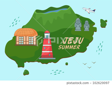 Banner with image of the main attractions of the south korean island Jeju, travel postcard Banner with image of the main attractions of the south korean island Jeju, travel postcard 102620097