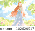 水彩風格插圖描繪了一個女人站在森林裡 102620517