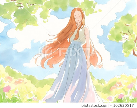 Watercolor style illustration depicting a woman standing in the forest Watercolor style illustration depicting a woman standing in the forest 102620517
