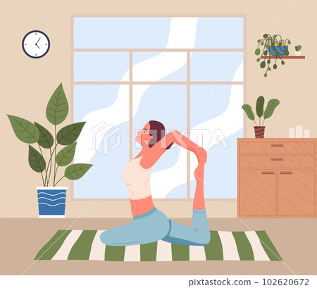 Woman doing yoga exercise. Young fit girl in sports wear sitting on the floor in room and stretching 102620672