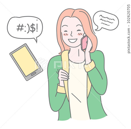 Smiling woman character holding phone device and talking. Pretty positive girl wearing casual 102620705