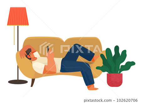 The man lies on the couch at home and correspondence surfing the Internet on white background 102620706