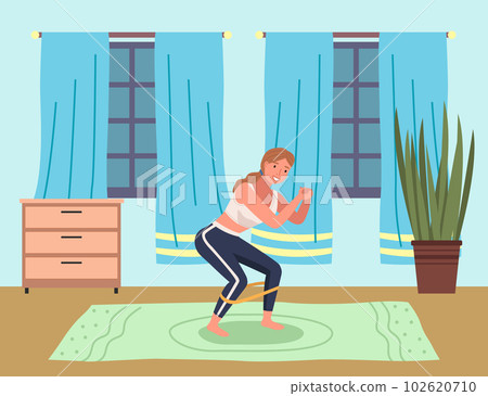 Young woman working out doing exercises at home on a mat, squat with a load in a healthy daily life 102620710