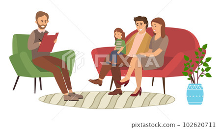 Conversation between parents, child and a man psychologist or psychotherapist. Family psychotherapy Conversation between parents, child and a man psychologist or psychotherapist. Family psychotherapy 102620711