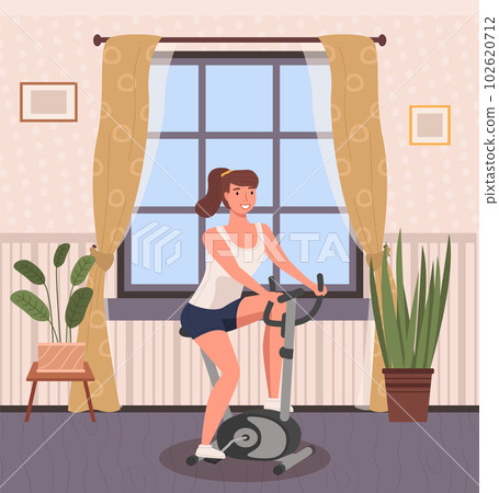 Woman doing cycling exercise. A girl with bike trainer doing sports at home near the window Woman doing cycling exercise. A girl with bike trainer doing sports at home near the window 102620712