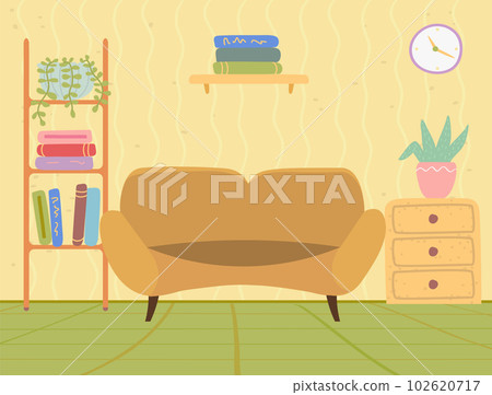 Comfortable sofa, bookcase and potted plant on the nightstand. Modern sofa place to relax Comfortable sofa, bookcase and potted plant on the nightstand. Modern sofa place to relax 102620717