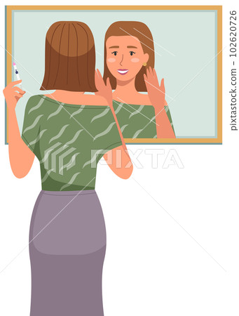 Girl doing morning routine in the bathroom. Woman stands with a syringe to inject into the face Girl doing morning routine in the bathroom. Woman stands with a syringe to inject into the face 102620726