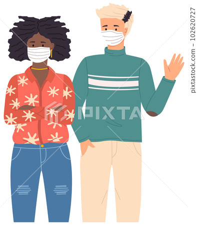 Young boy and african woman in protective medical masks. Multinational people on self-isolation Young boy and african woman in protective medical masks. Multinational people on self-isolation 102620727