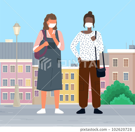 People wearing masks walk in the city to protect themselves from viruses. Masked women talking People wearing masks walk in the city to protect themselves from viruses. Masked women talking 102620728