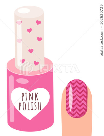 Pink nail polish and a woman s hand with a pattern on the nail, varnish manicure salon accessory Pink nail polish and a woman s hand with a pattern on the nail, varnish manicure salon accessory 102620729