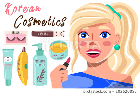 Beautiful girl makes look and does makeup looks after beauty and paints lips, advertises a cosmetics Beautiful girl makes look and does makeup looks after beauty and paints lips, advertises a cosmetics 102620855