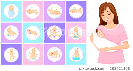 Happy smiling newborn in different situations. Set with little baby in diaper. Mom holding a infant Happy smiling newborn in different situations. Set with little baby in diaper. Mom holding a infant 102621308