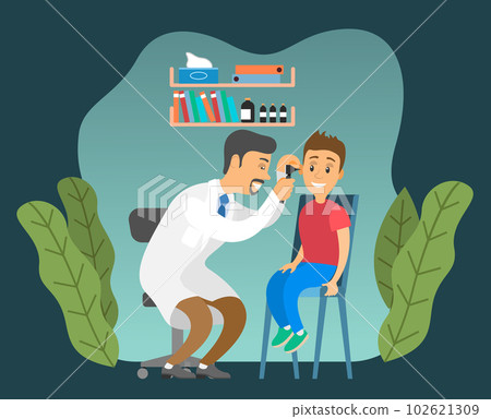 The otolaryngologist looks at the child. Doctor and kid characters on medical examination The otolaryngologist looks at the child. Doctor and kid characters on medical examination 102621309
