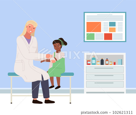 Orthopedist bandages girl s right hand. The doctor is treating the child in a medical office 102621311