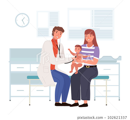Mother and baby visiting the doctor. Pediatrician with stethoscope working with little patient 102621337