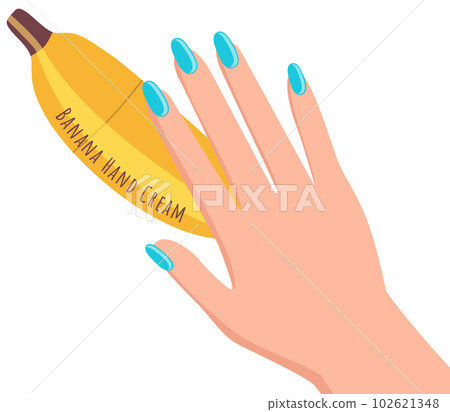 Female arm and hand cream tube isolated on white. Cosmetic product, banana-shaped yellow bottle 102621348